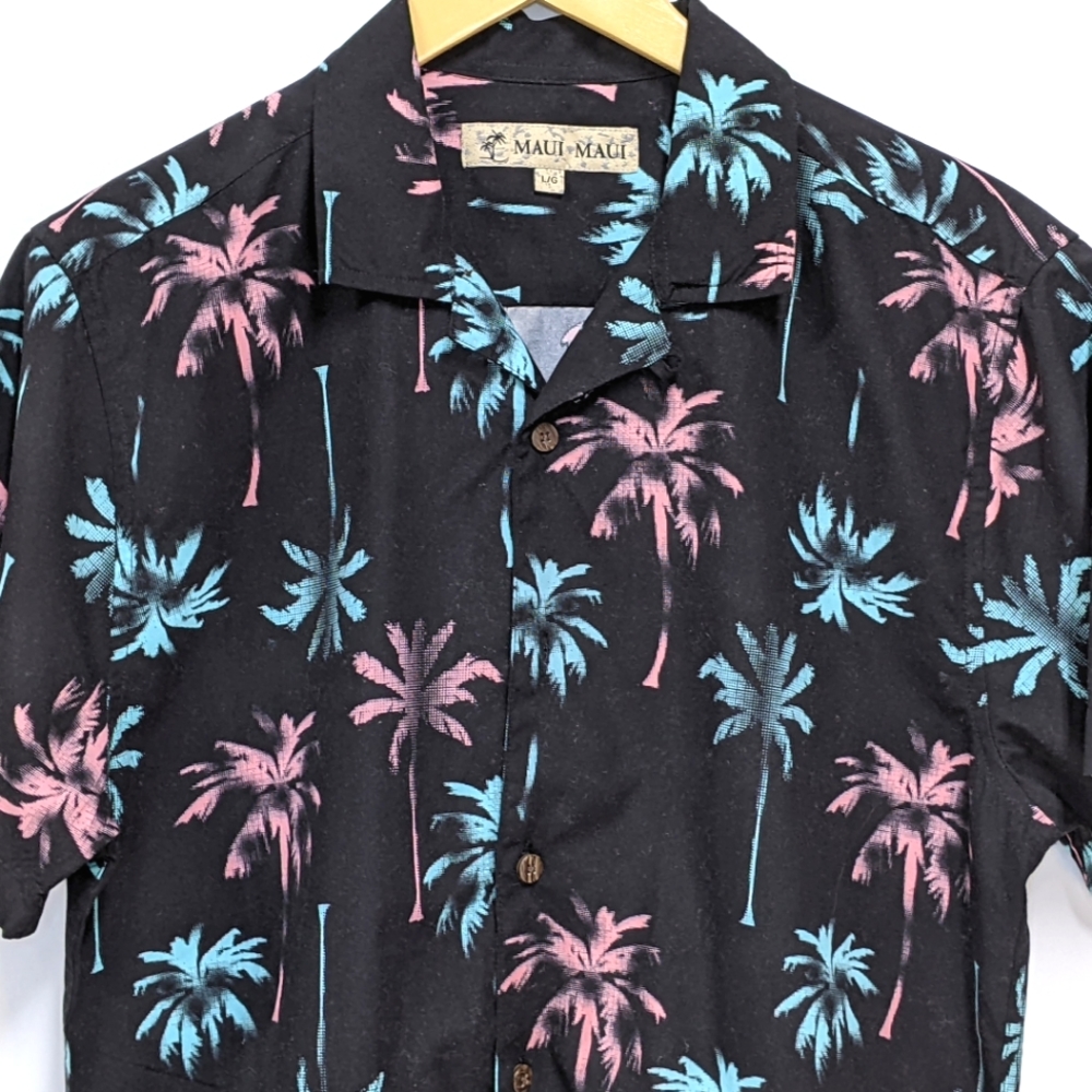 Maui Maui Hawaiian Palm Pattern Button Down Shirt, Large